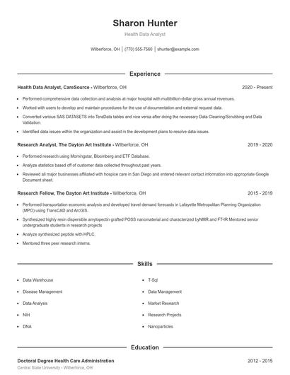 Health Data Analyst Resume