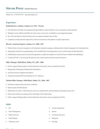 Health Director Resume