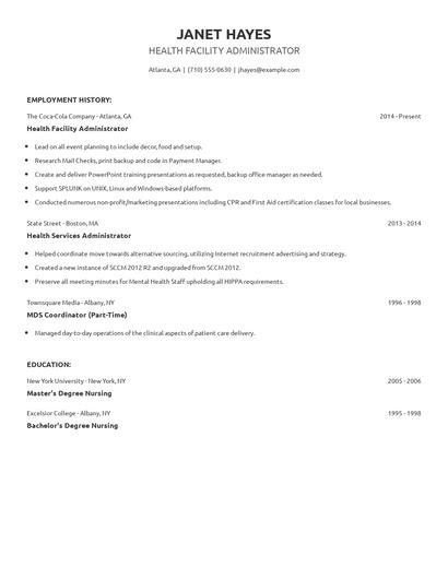 Health Facility Administrator Resume