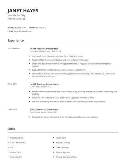 Health Facility Administrator Resume