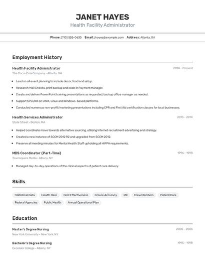 Health Facility Administrator Resume