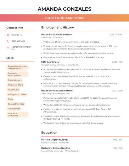 Health Facility Administrator Resume