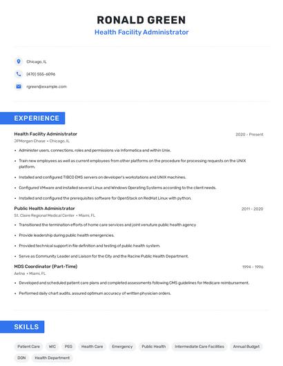 Health Facility Administrator Resume