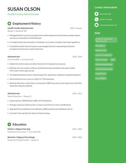 Health Facility Administrator Resume