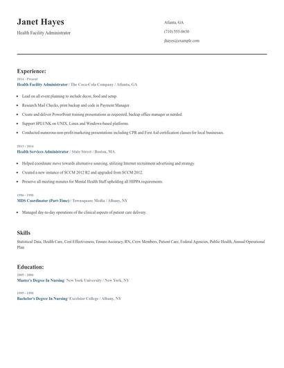 Health Facility Administrator Resume