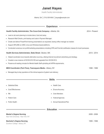 Health Facility Administrator Resume
