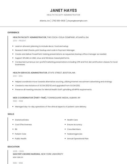 Health Facility Administrator Resume