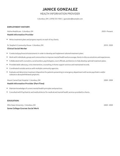 Health Information Provider Resume