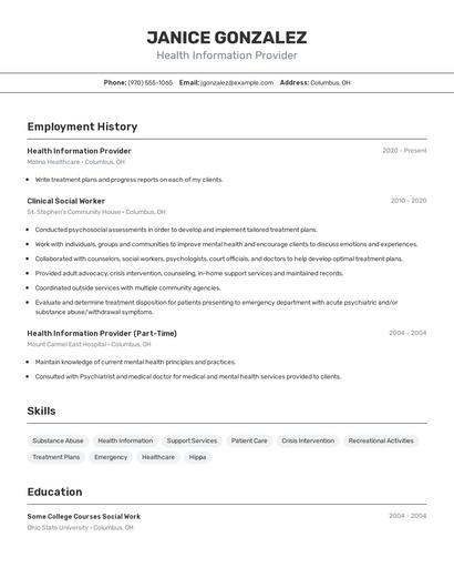 Health Information Provider Resume