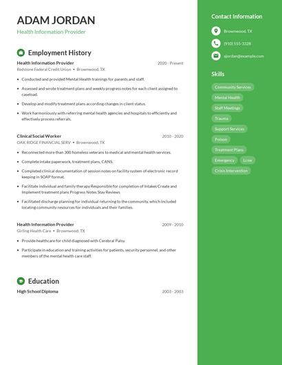 Health Information Provider Resume