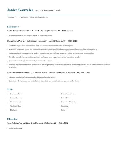 Health Information Provider Resume