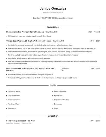 Health Information Provider Resume