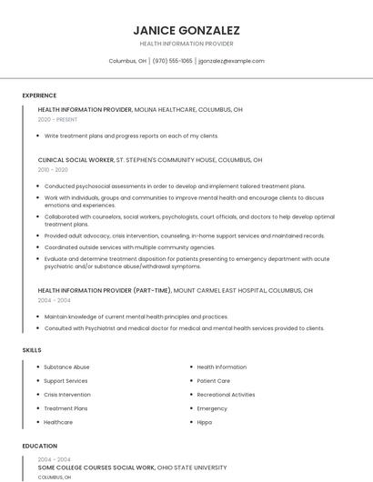 Health Information Provider Resume