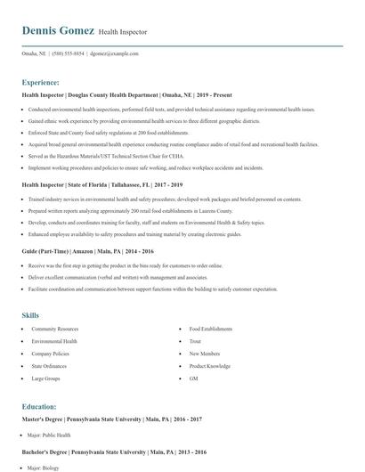 Health Inspector Resume