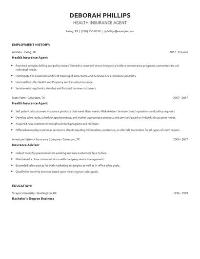 Health Insurance Agent Resume