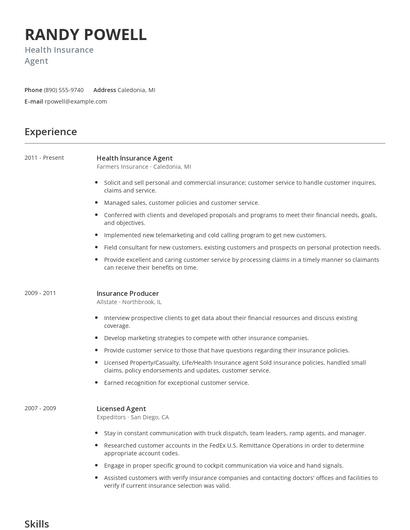 Health Insurance Agent Resume