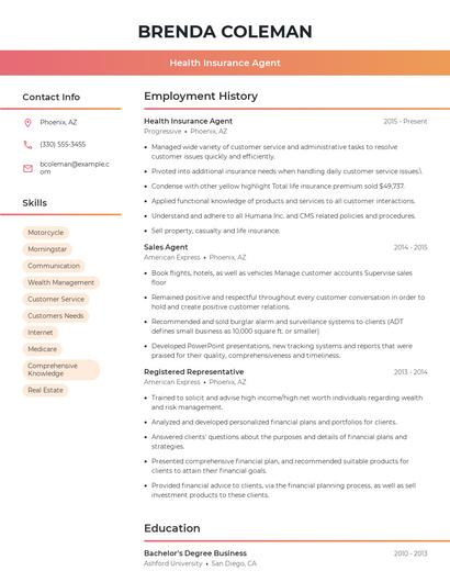Health Insurance Agent Resume