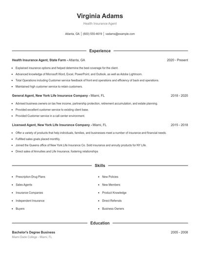 Health Insurance Agent Resume