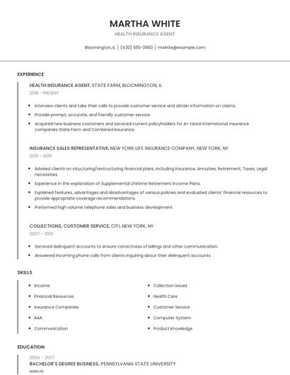 Health Insurance Agent Resume