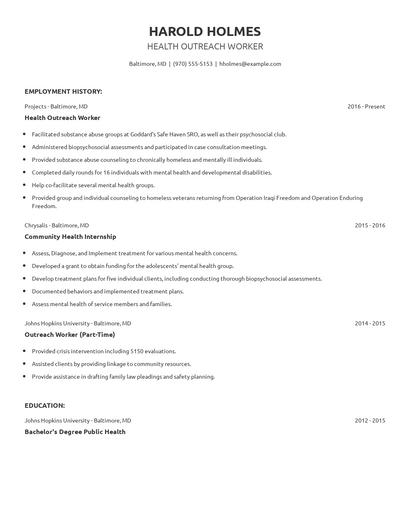 Health Outreach Worker Resume