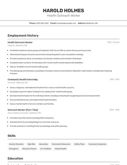 Health Outreach Worker Resume