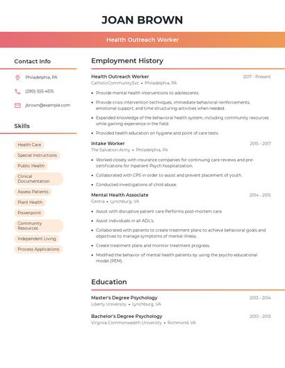 Health Outreach Worker Resume