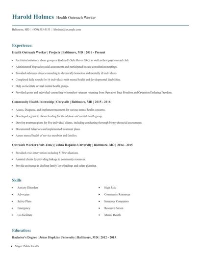 Health Outreach Worker Resume