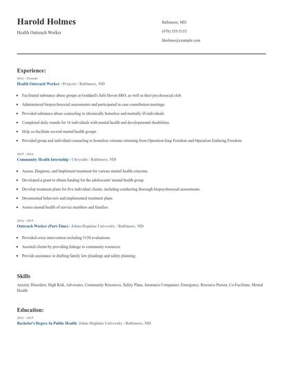 Health Outreach Worker Resume