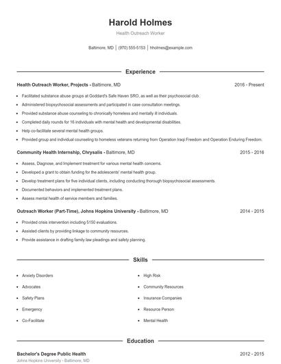 Health Outreach Worker Resume