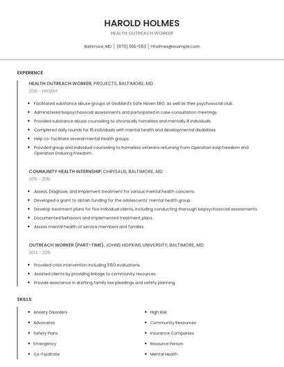 Health Outreach Worker Resume