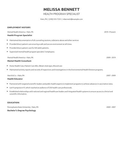 Health Program Specialist Resume