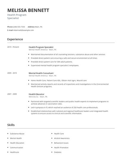 Health Program Specialist Resume