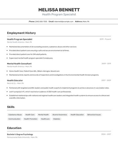 Health Program Specialist Resume