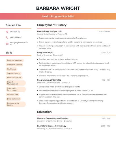 Health Program Specialist Resume