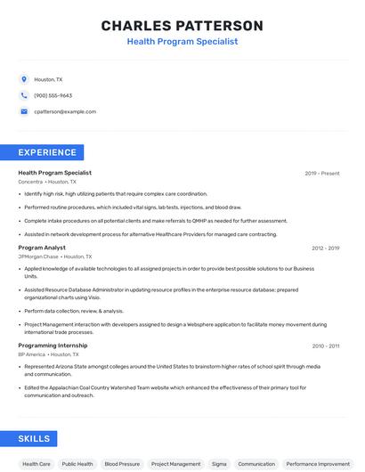Health Program Specialist Resume