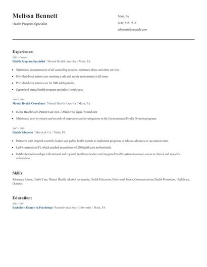 Health Program Specialist Resume