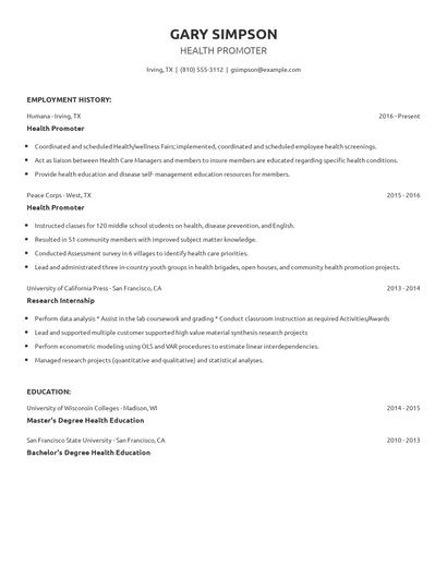 Health Promoter Resume