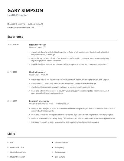 Health Promoter Resume