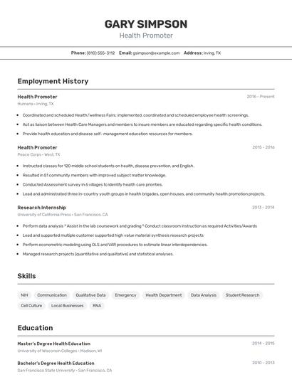 Health Promoter Resume