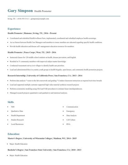 Health Promoter Resume