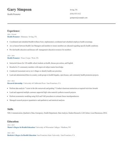 Health Promoter Resume