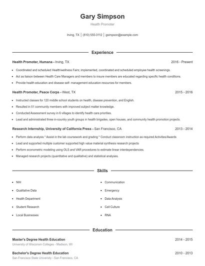 Health Promoter Resume