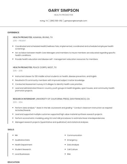 Health Promoter Resume