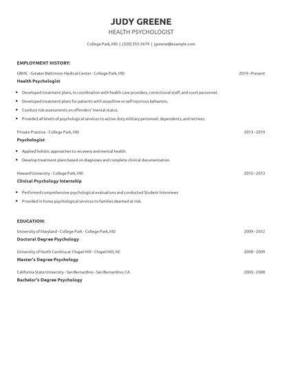 Health Psychologist Resume