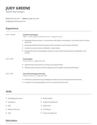 Health Psychologist Resume