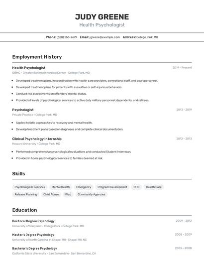 Health Psychologist Resume