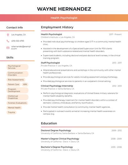 Health Psychologist Resume