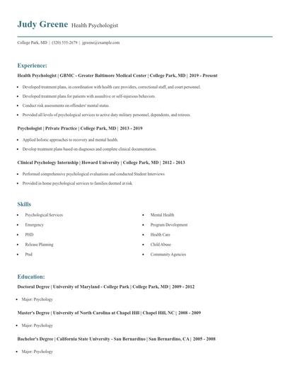 Health Psychologist Resume