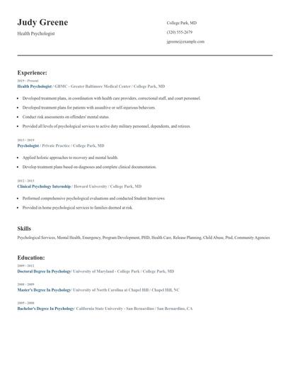 Health Psychologist Resume