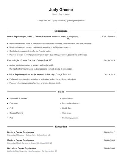Health Psychologist Resume